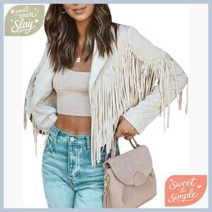 Faux Leather Motorcycle Jacket with Fringe Tassels, Cropped Fit